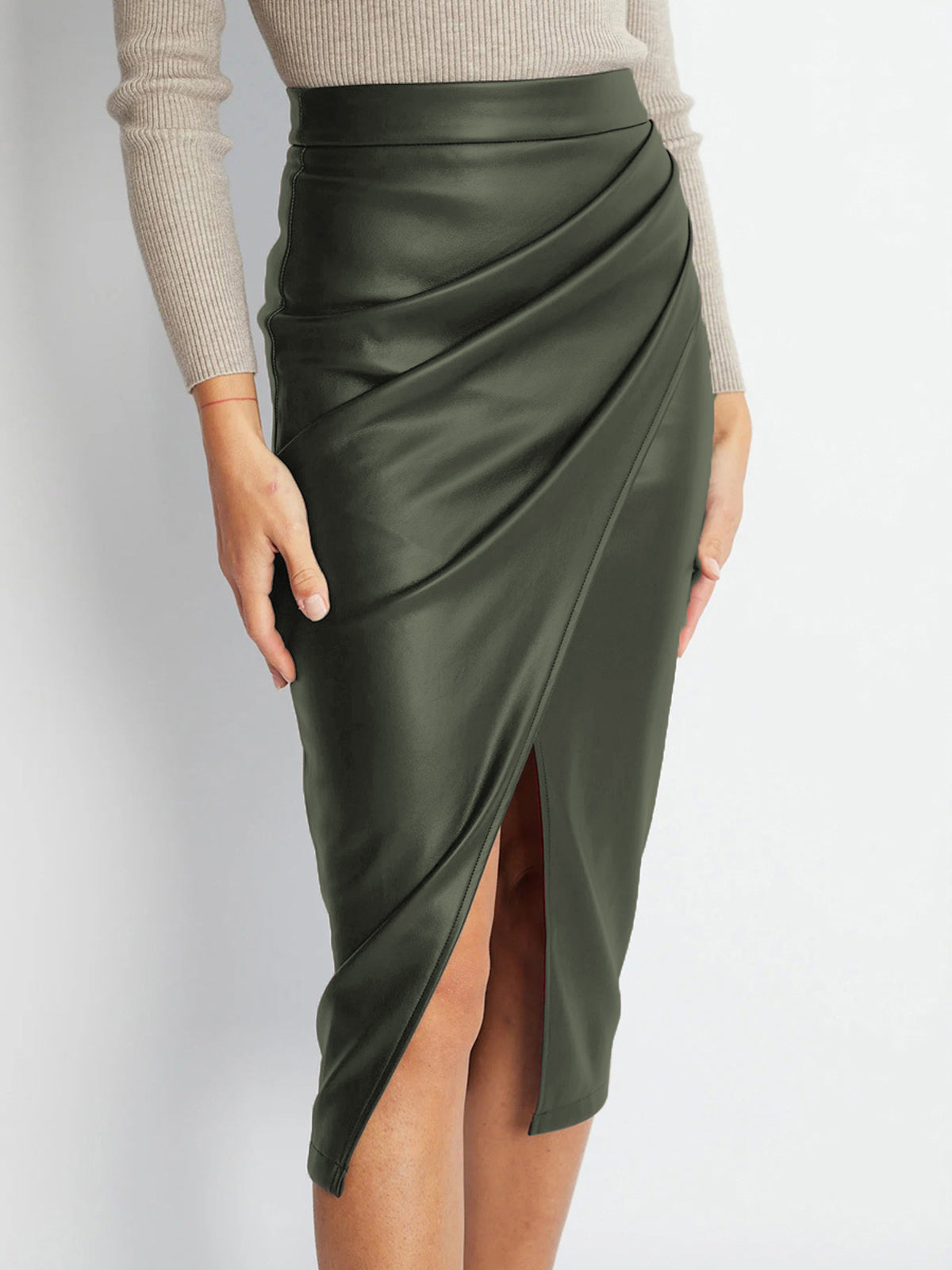 Pleated Split Leather Skirt