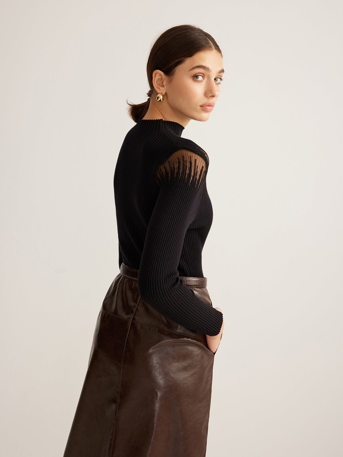 Textured Sheer Yoke Ribbed Top