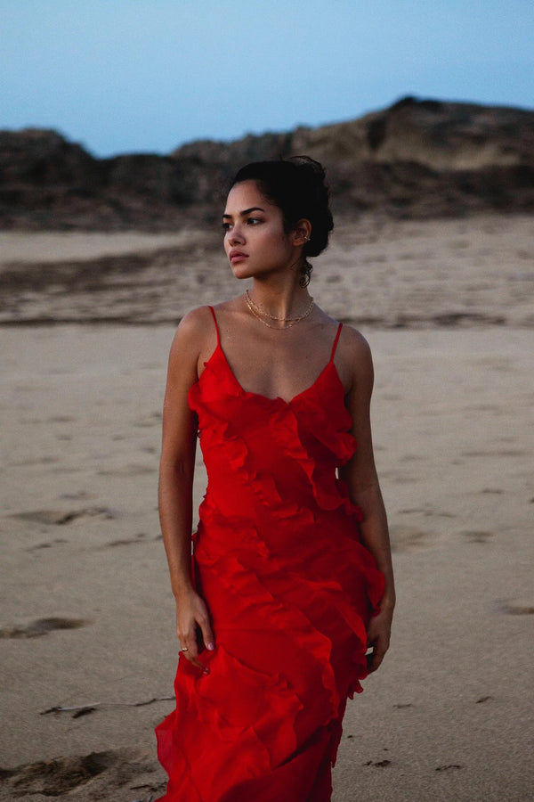 Scarlet Cascade Maxi Dress