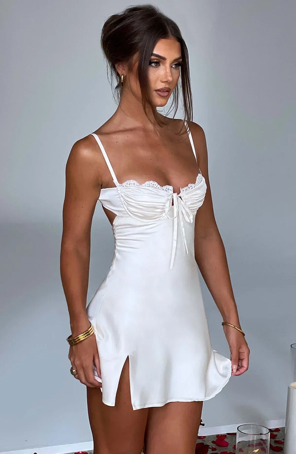 White Lucia Lace Trim Mini Dress