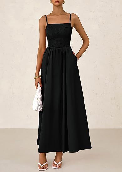 Elegant Smocked Maxi Dress - Square Neckline - Sleeveless - Flowing Skirt