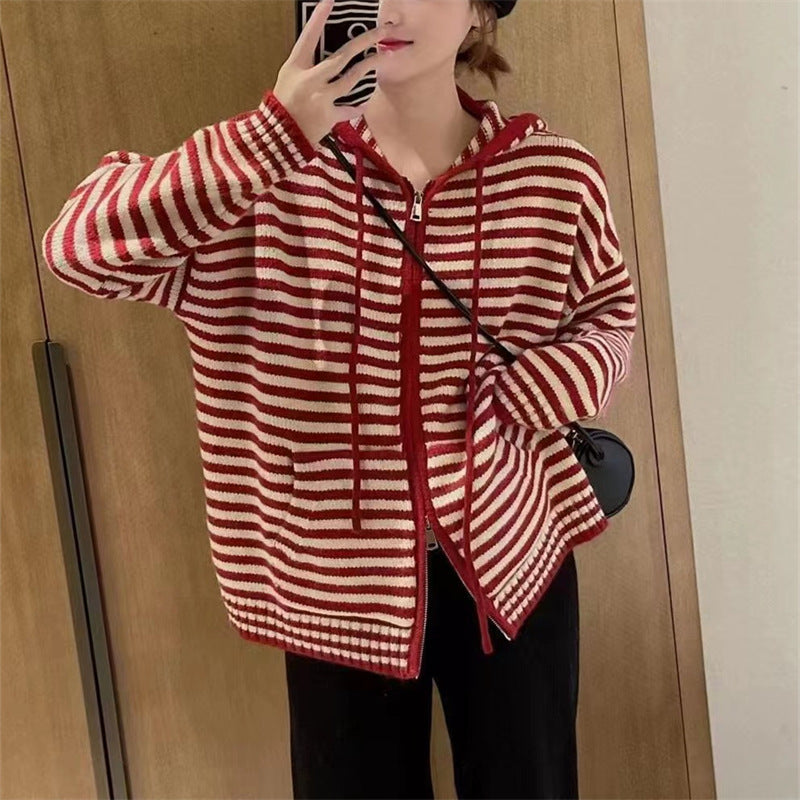 Harbour Stripe Zip-Up Knit Hoodie