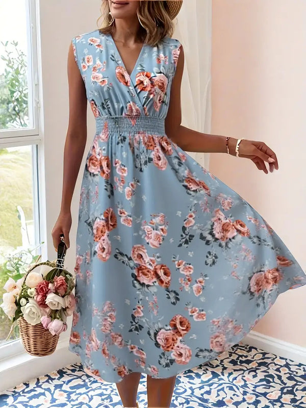 Women's Floral Midi Dress - V-Neck - Sleeveless - Elegant Floral Pattern