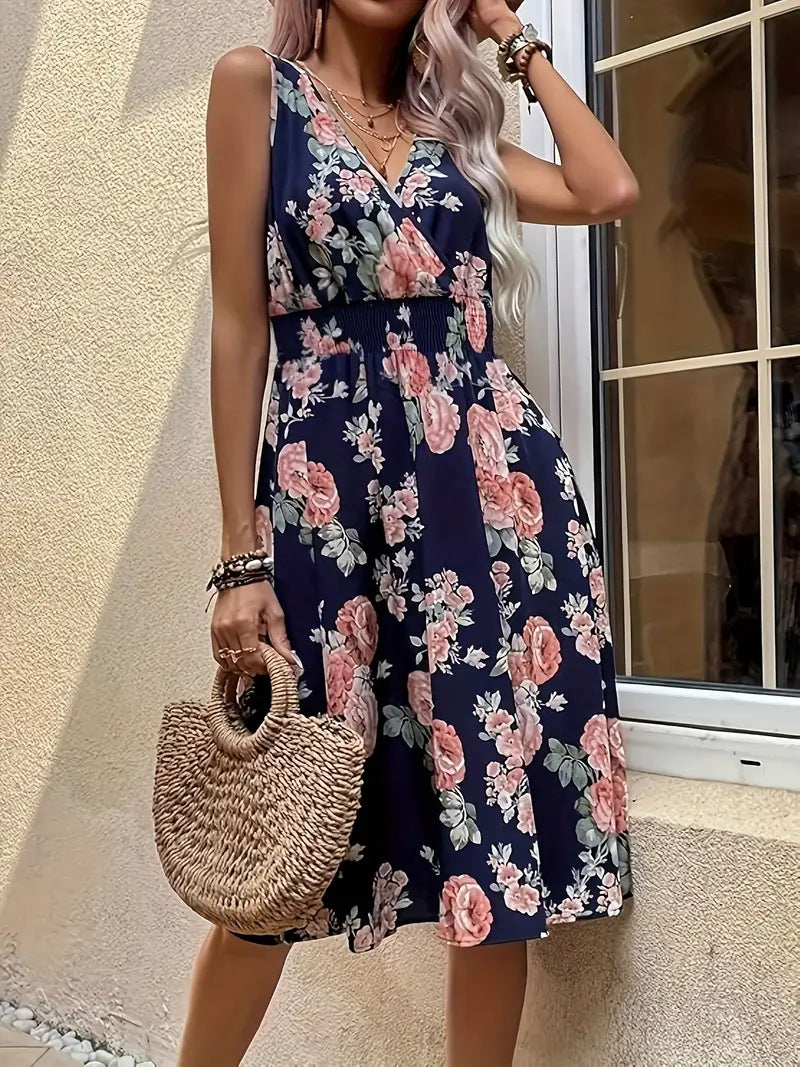 Women's Floral Midi Dress - V-Neck - Sleeveless - Elegant Floral Pattern