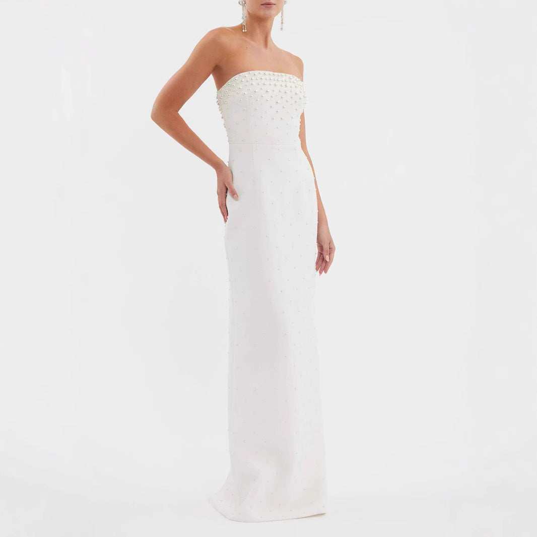 Pearl Whisper Embellished Strapless Maxi Dress