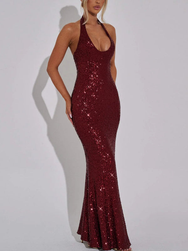 Sequined Halter Neck - Floor-Length - Glamorous Sparkle Evening Dress