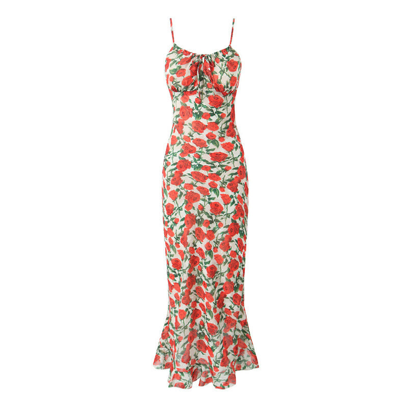 Red Rose Print Midi Dress