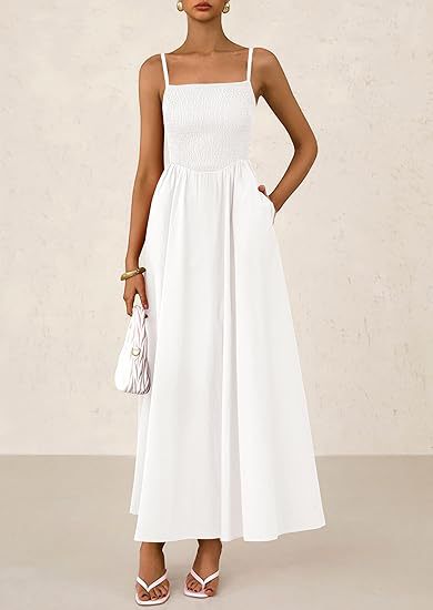 Elegant Smocked Maxi Dress - Square Neckline - Sleeveless - Flowing Skirt