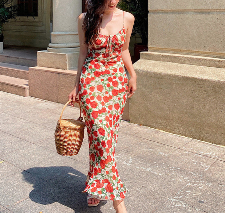 Red Rose Print Midi Dress