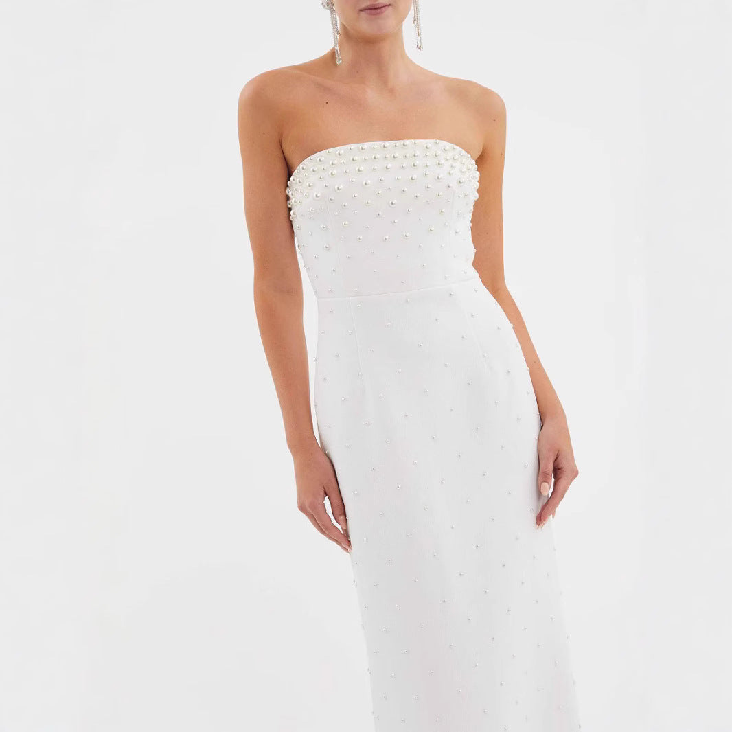 Pearl Whisper Embellished Strapless Maxi Dress
