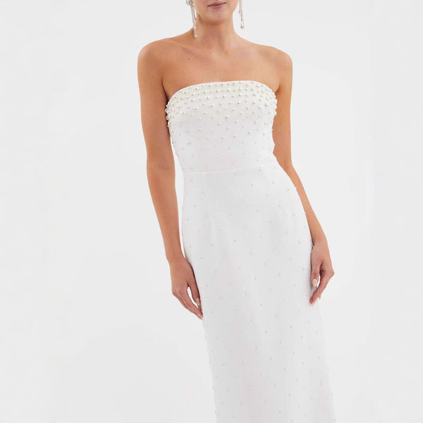 Pearl Whisper Embellished Strapless Maxi Dress