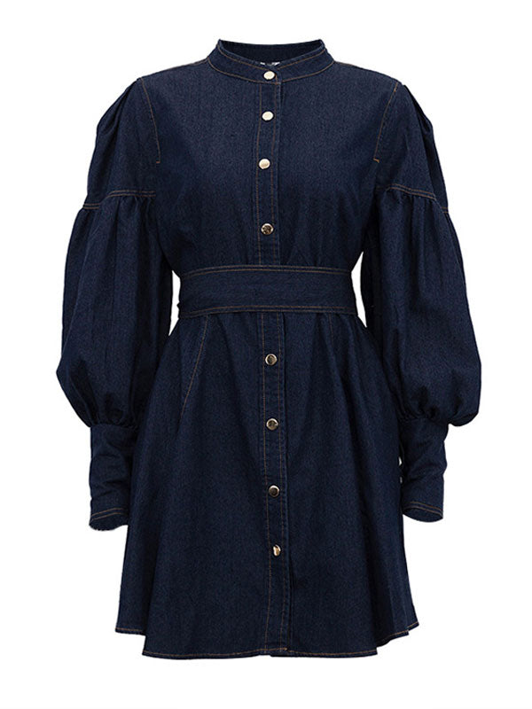Indigo Statement Puff Sleeve Mini Dress