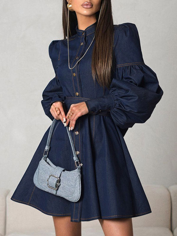 Indigo Statement Puff Sleeve Mini Dress