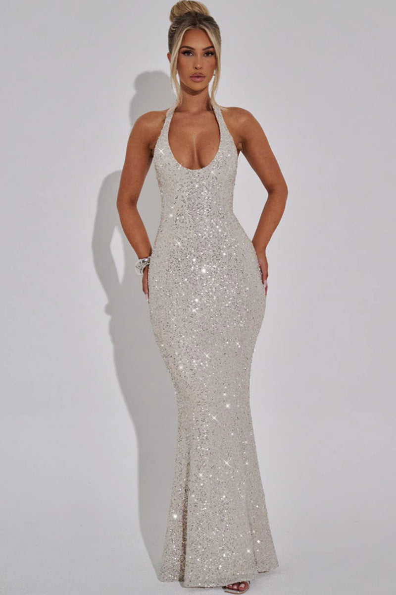 Sequined Halter Neck - Floor-Length - Glamorous Sparkle Evening Dress
