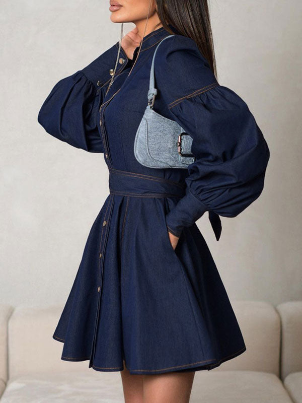Indigo Statement Puff Sleeve Mini Dress