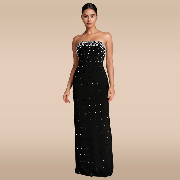 Pearl Whisper Embellished Strapless Maxi Dress