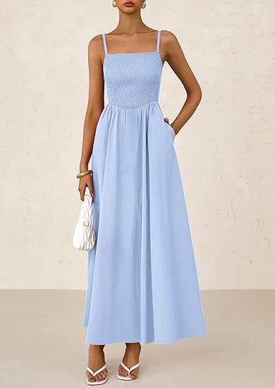 Elegant Smocked Maxi Dress - Square Neckline - Sleeveless - Flowing Skirt