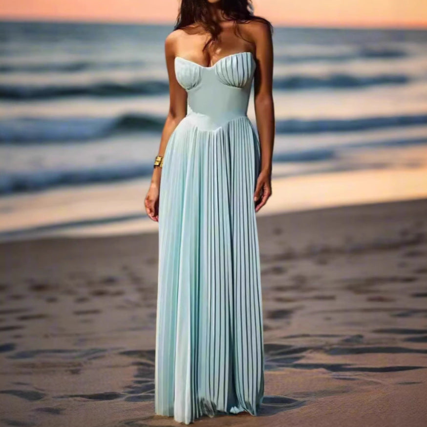 Strapless Pleated Maxi Dress – Sweetheart Neckline