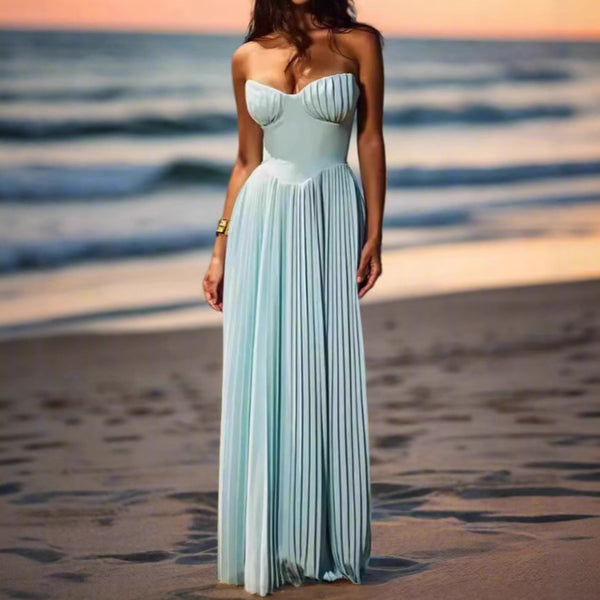 Strapless Pleated Maxi Dress – Sweetheart Neckline