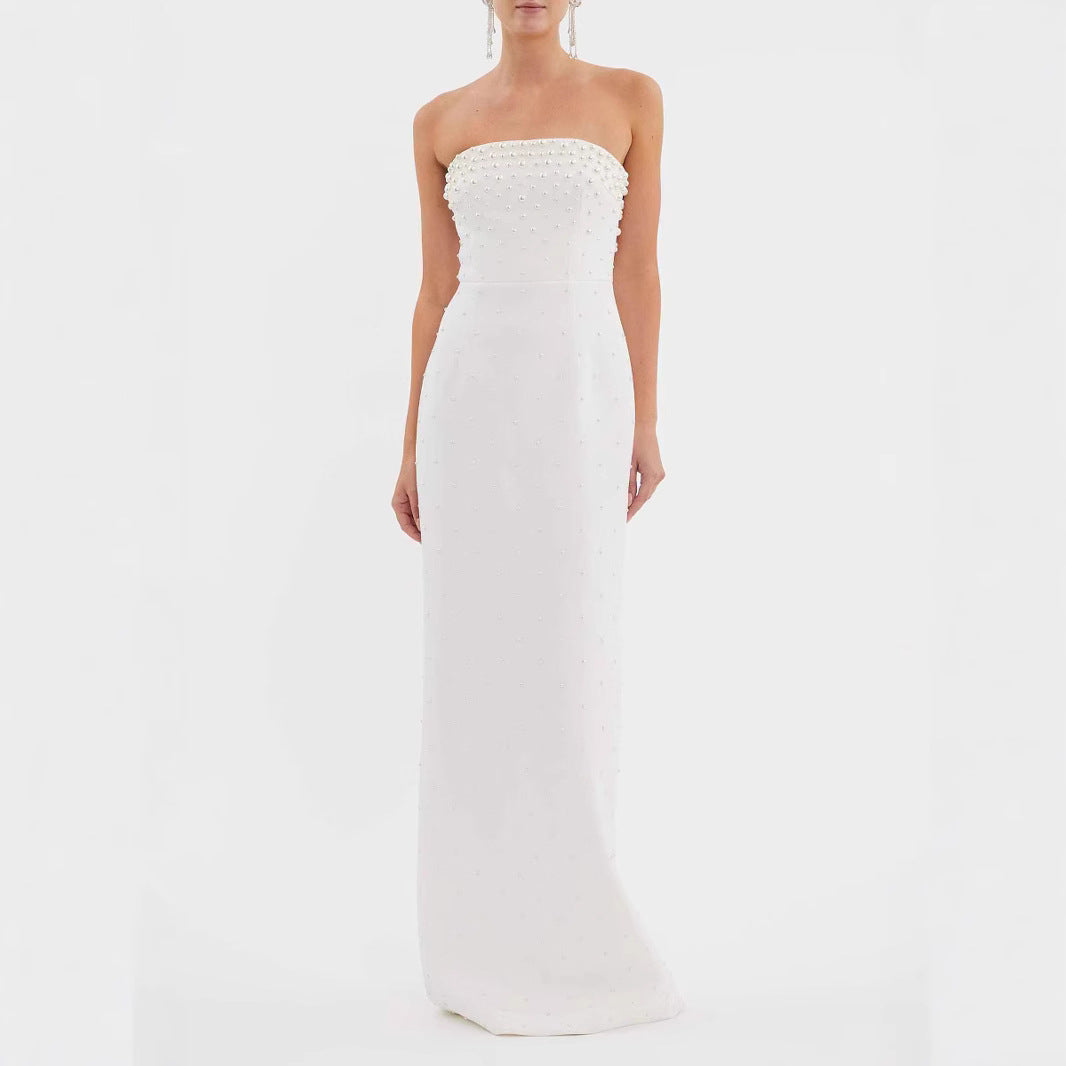 Pearl Whisper Embellished Strapless Maxi Dress
