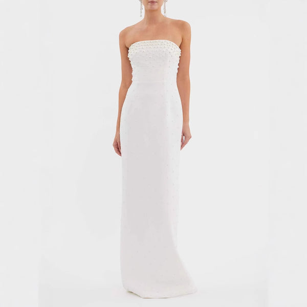 Pearl Whisper Embellished Strapless Maxi Dress