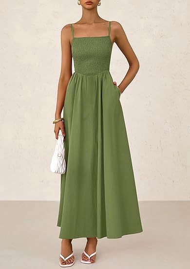 Elegant Smocked Maxi Dress - Square Neckline - Sleeveless - Flowing Skirt