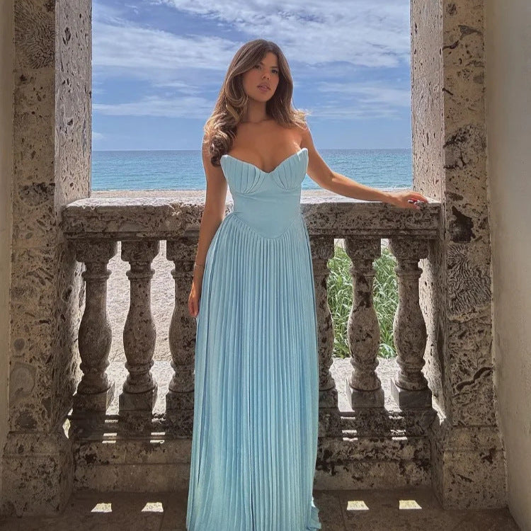 Strapless Pleated Maxi Dress – Sweetheart Neckline