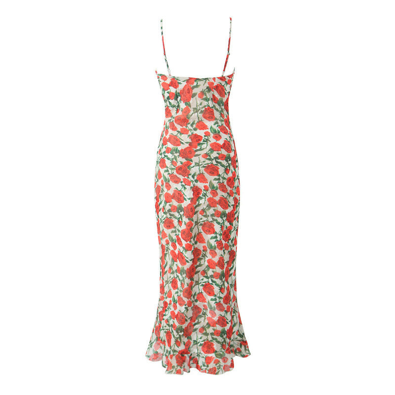 Red Rose Print Midi Dress