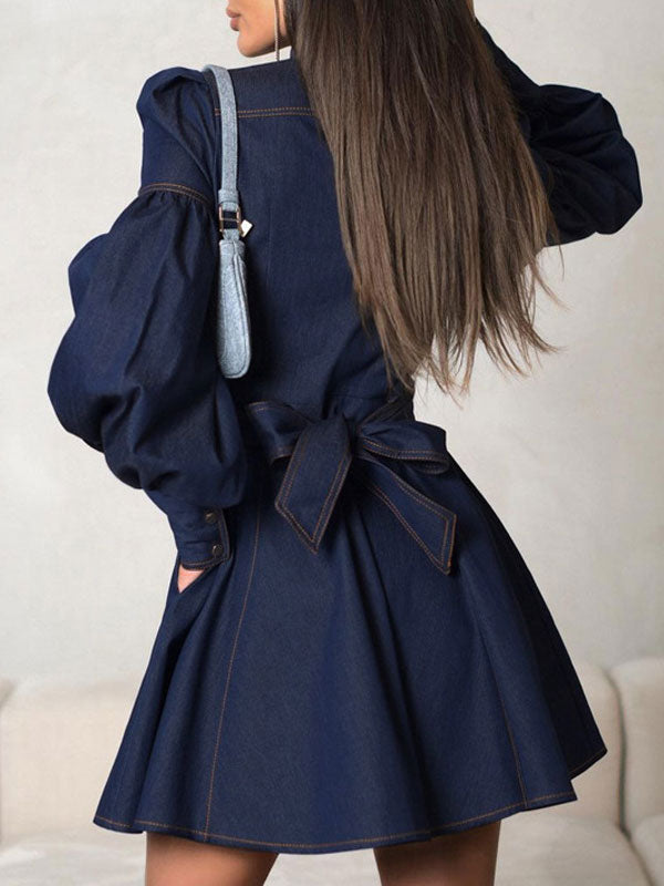 Indigo Statement Puff Sleeve Mini Dress