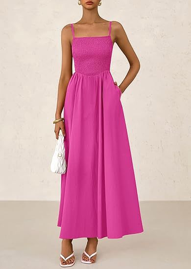 Elegant Smocked Maxi Dress - Square Neckline - Sleeveless - Flowing Skirt