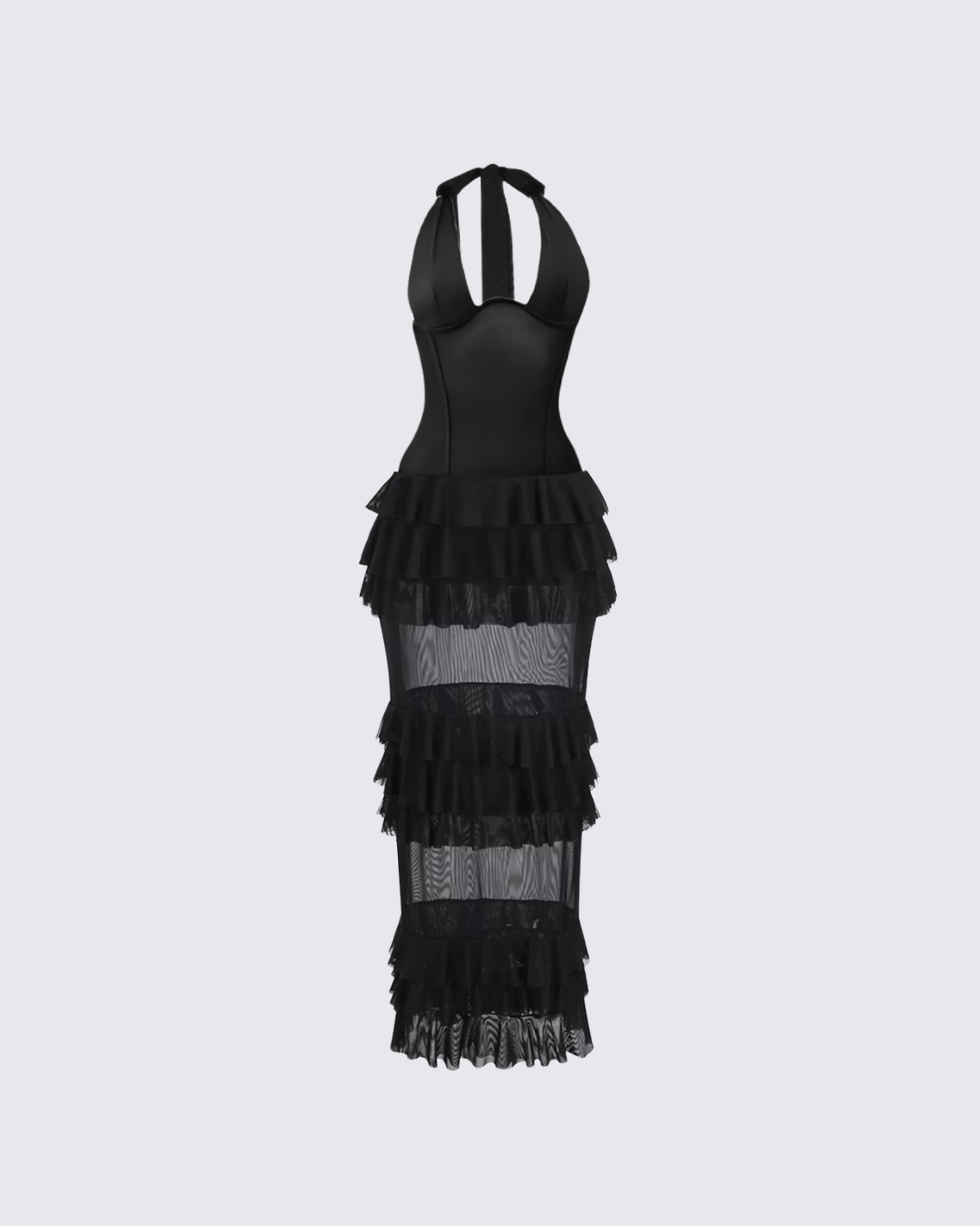Selena Sheer Ruffle Halter Maxi Dress