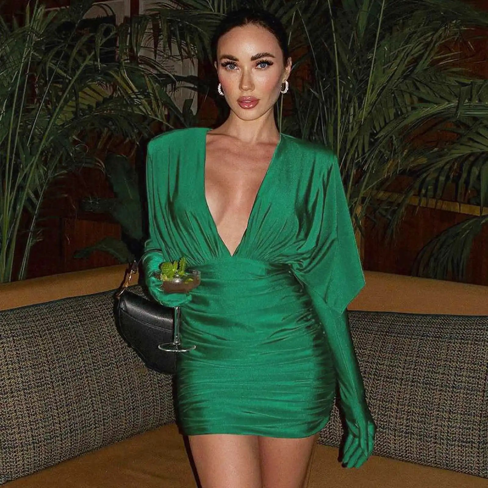 Emerald Grace Plunge Mini Dress