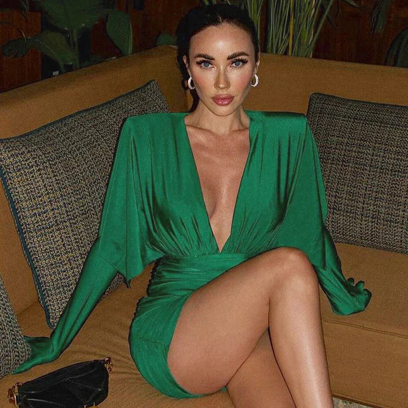 Emerald Grace Plunge Mini Dress