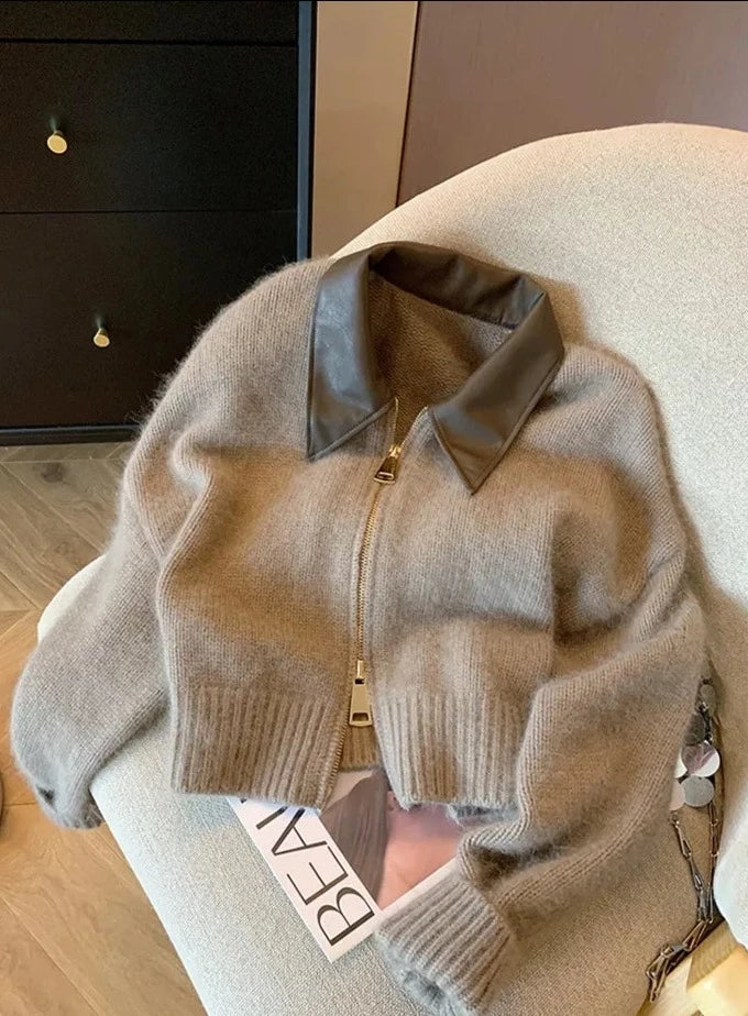 Elowen Faux Leather Collar Zip Cardigan
