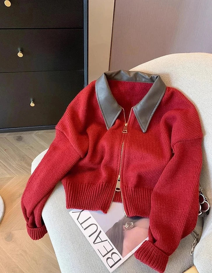 Elowen Faux Leather Collar Zip Cardigan