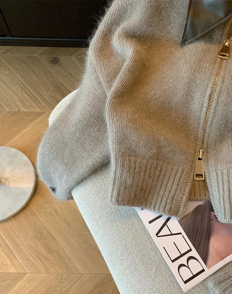 Elowen Faux Leather Collar Zip Cardigan