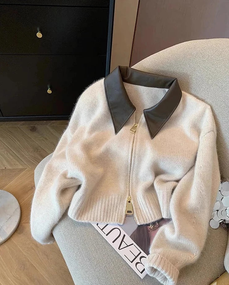 Elowen Faux Leather Collar Zip Cardigan
