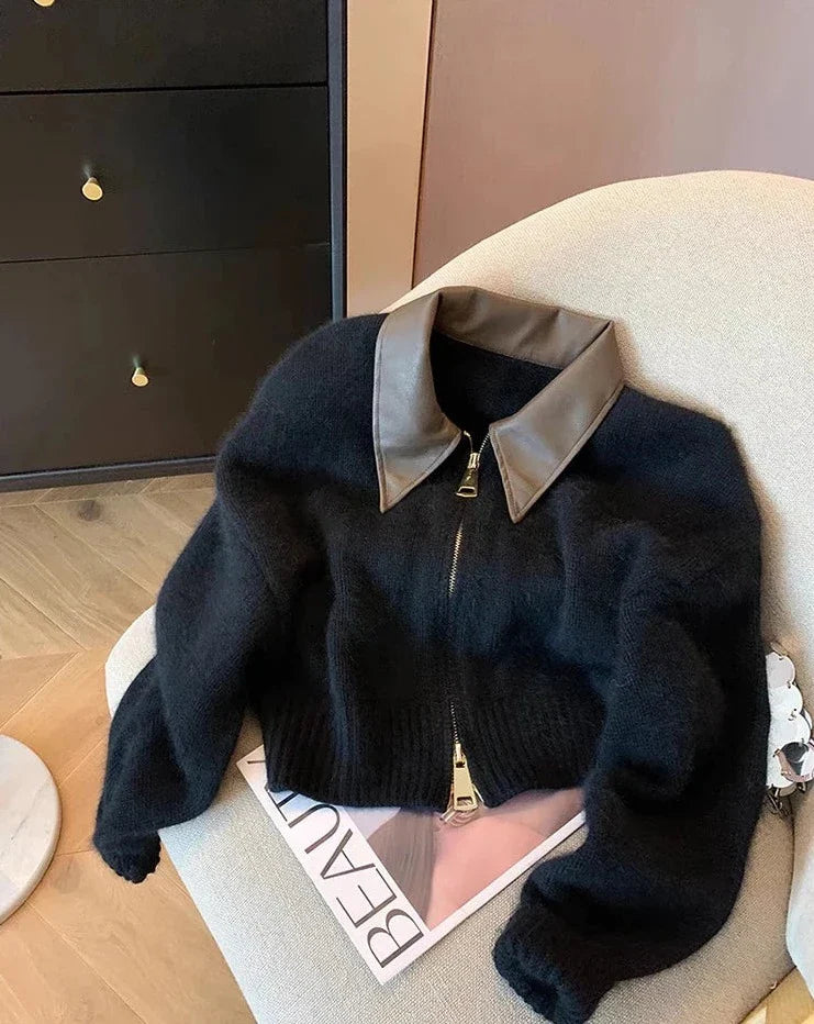 Elowen Faux Leather Collar Zip Cardigan