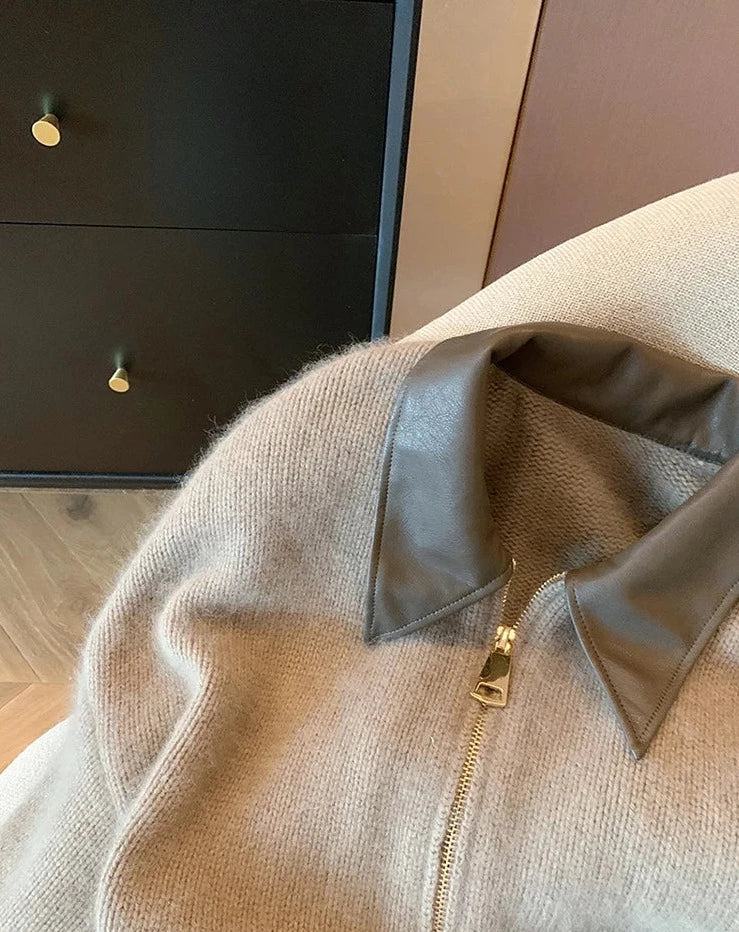 Elowen Faux Leather Collar Zip Cardigan