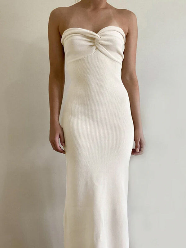 Strapless White Ribbed Bodycon Maxi Dress