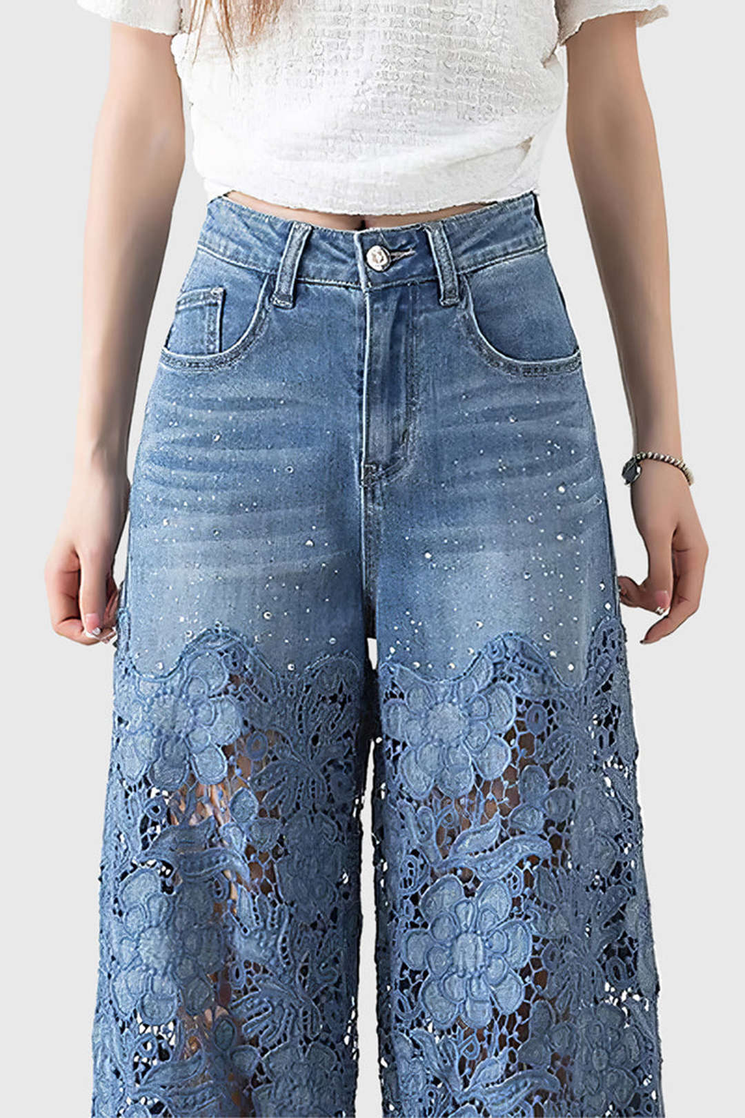 Lace-Detail Patchwork Wide-Leg Jeans