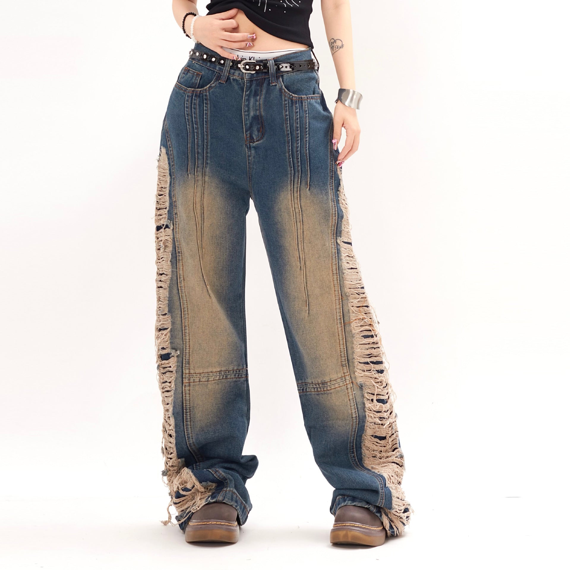 Rebel Shred Contrast Fringe Jeans