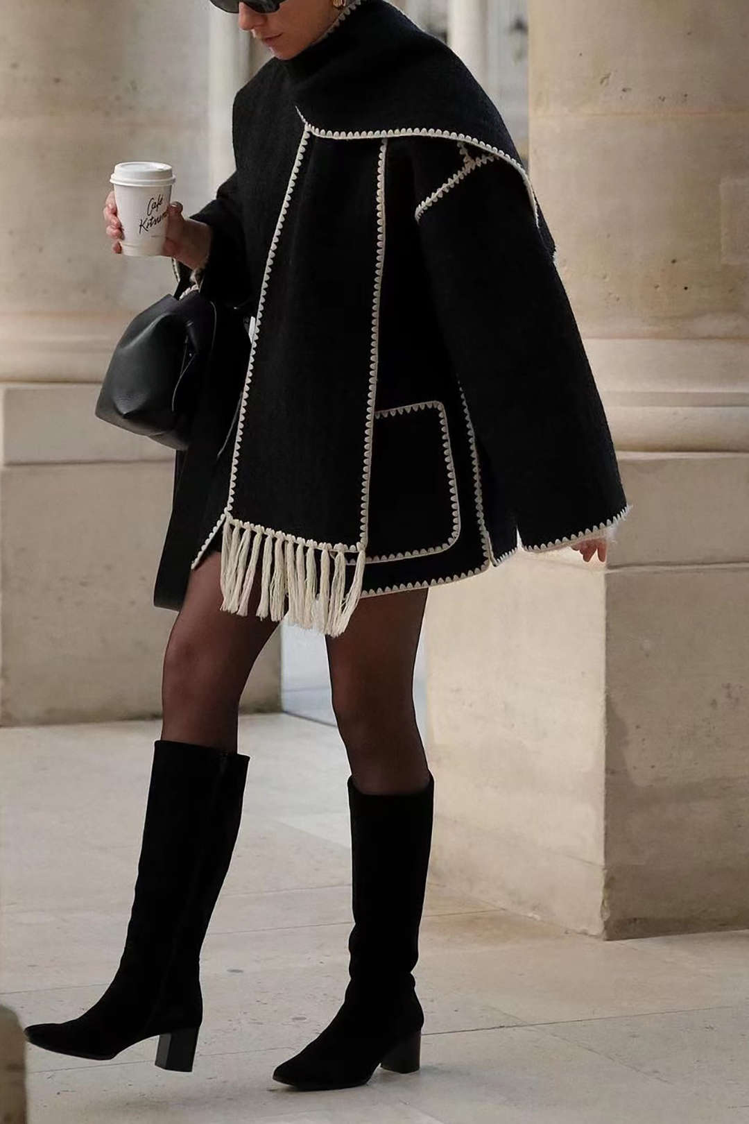 Noir Contrast Fringe Scarf Coat