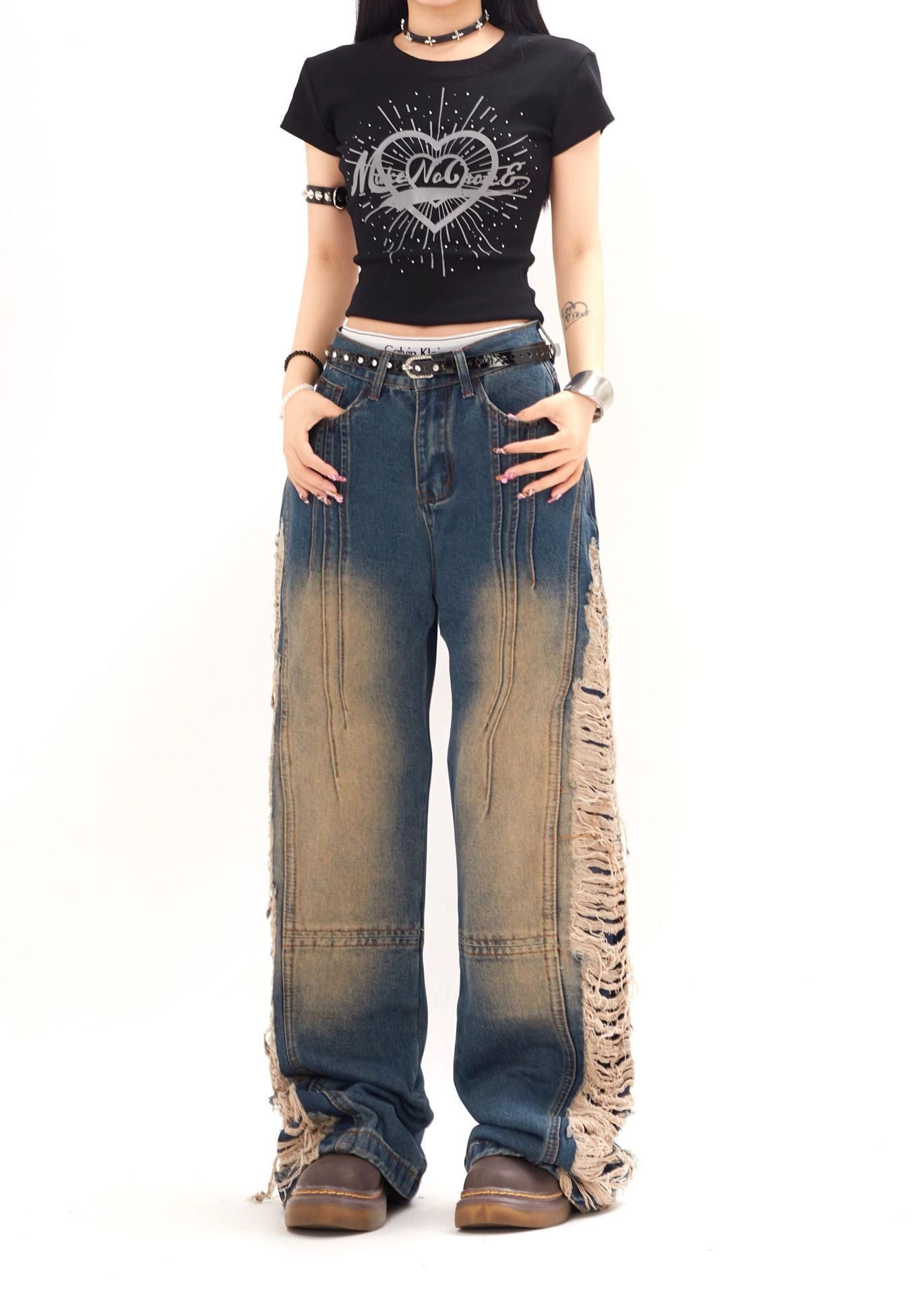 Rebel Shred Contrast Fringe Jeans
