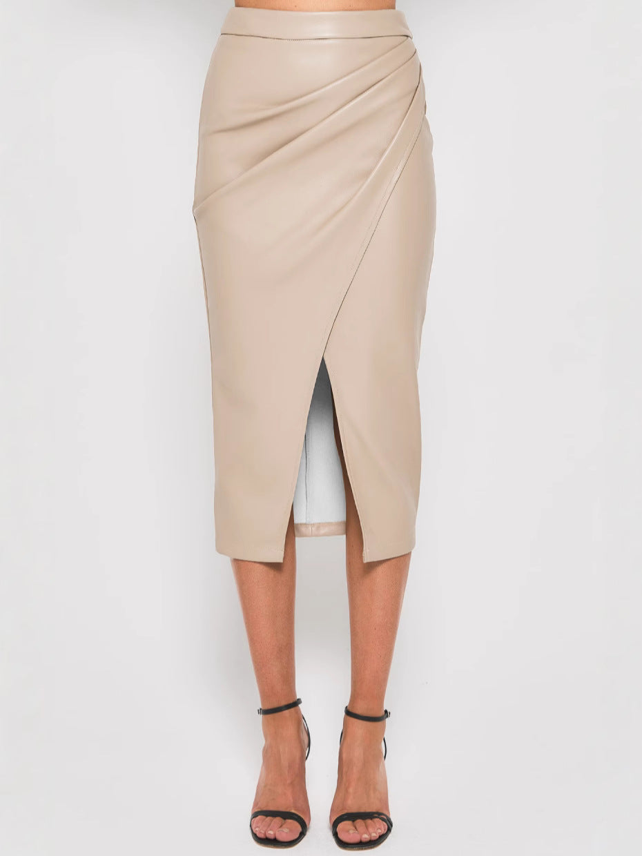 Pleated Split Leather Skirt