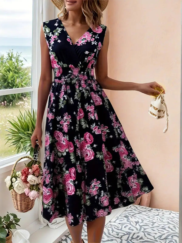 Women's Floral Midi Dress - V-Neck - Sleeveless - Elegant Floral Pattern
