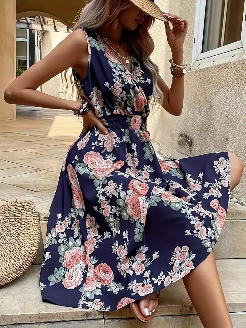 Women's Floral Midi Dress - V-Neck - Sleeveless - Elegant Floral Pattern