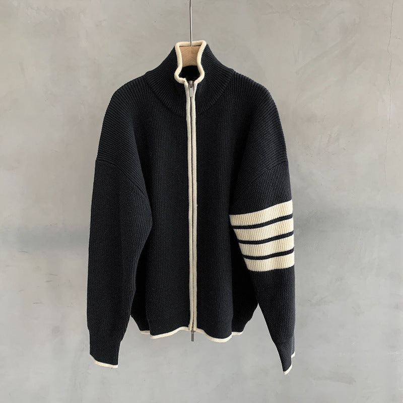 Monarch Track-Stripe Funnel Zip Sweater