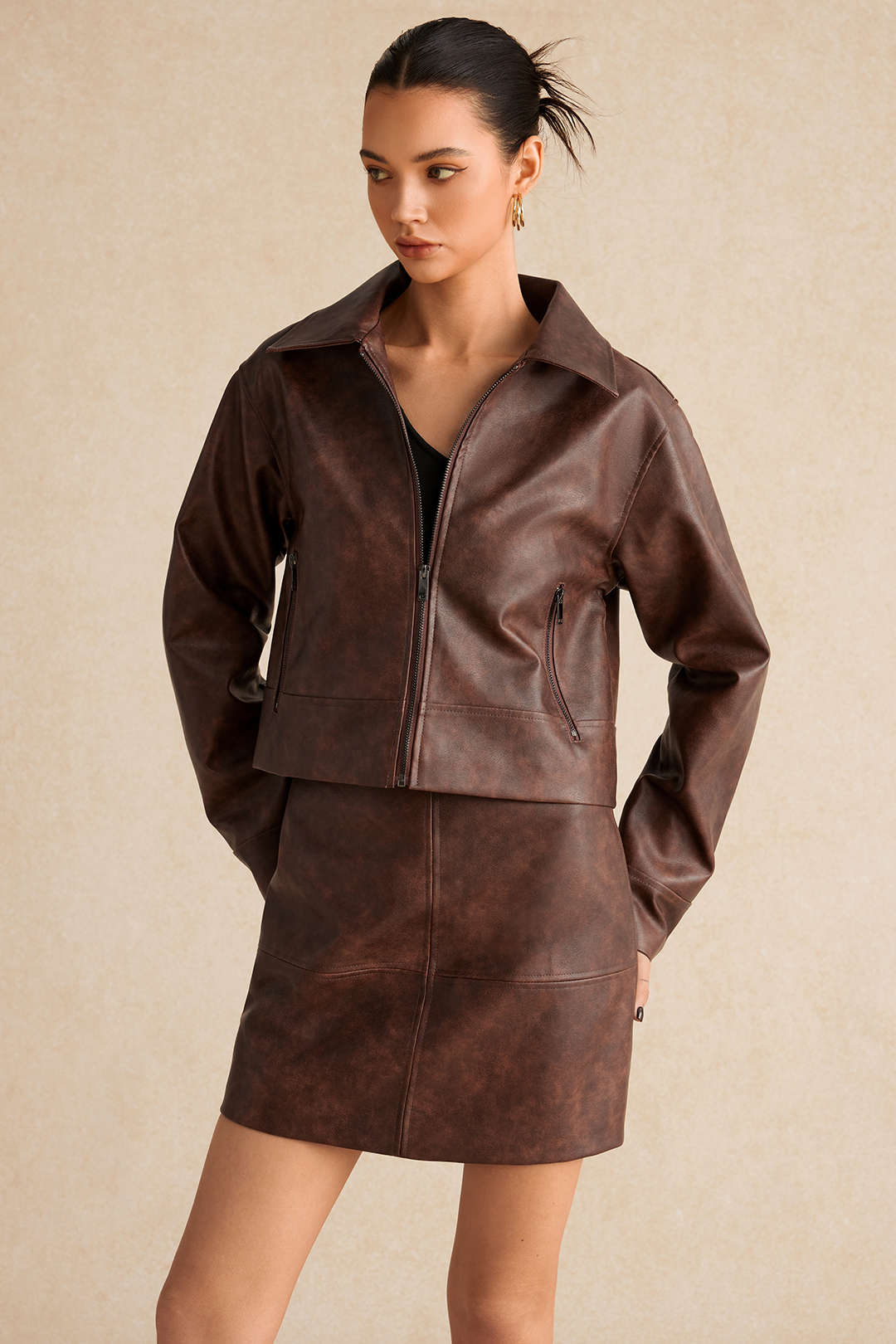 Ridgewood Vintage Faux Leather Zip Jacket And Skirt