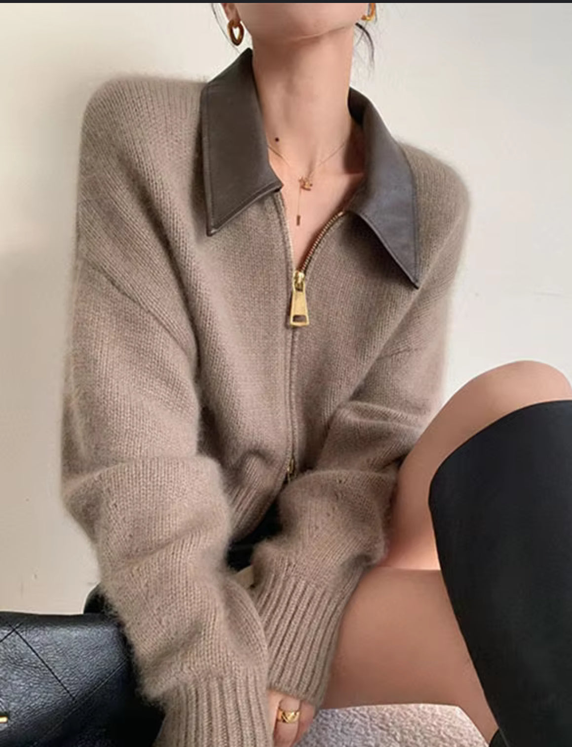 Elowen Faux Leather Collar Zip Cardigan